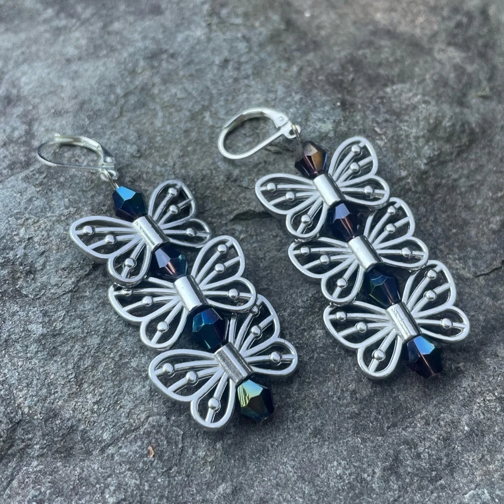 Silver Butterfly Dangly Crystal Drop Earrings
